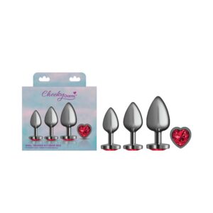 Cheeky Charms Round Metal Butt Plug Gunmetal 3 Pc Kit w Dark Red Heart Jewel