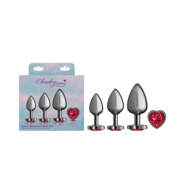 Cheeky Charms Round Metal Butt Plug Gunmetal 3 Pc Kit w Dark Red Heart Jewel